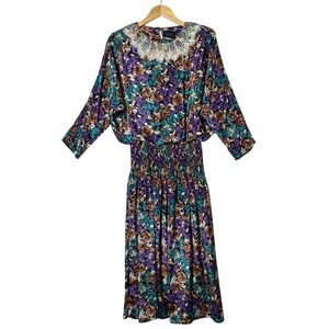 Vintage Floral Midi Dress Womens Size‎ 11/12 Purple Teal Lace Collar Cottagecore